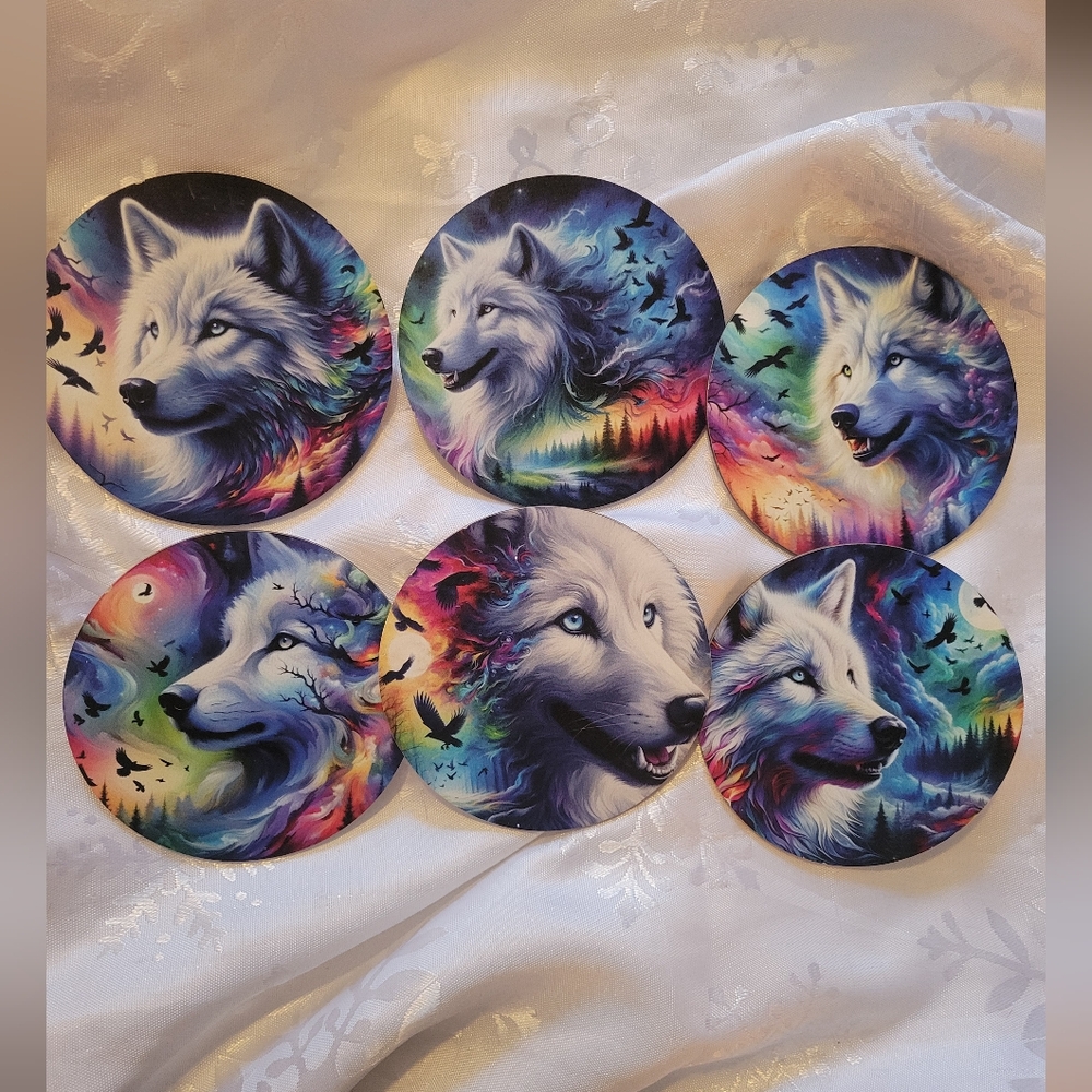 🔮NEW🔮Hand Crafted Wolf Design Coasters - Multicolor Set